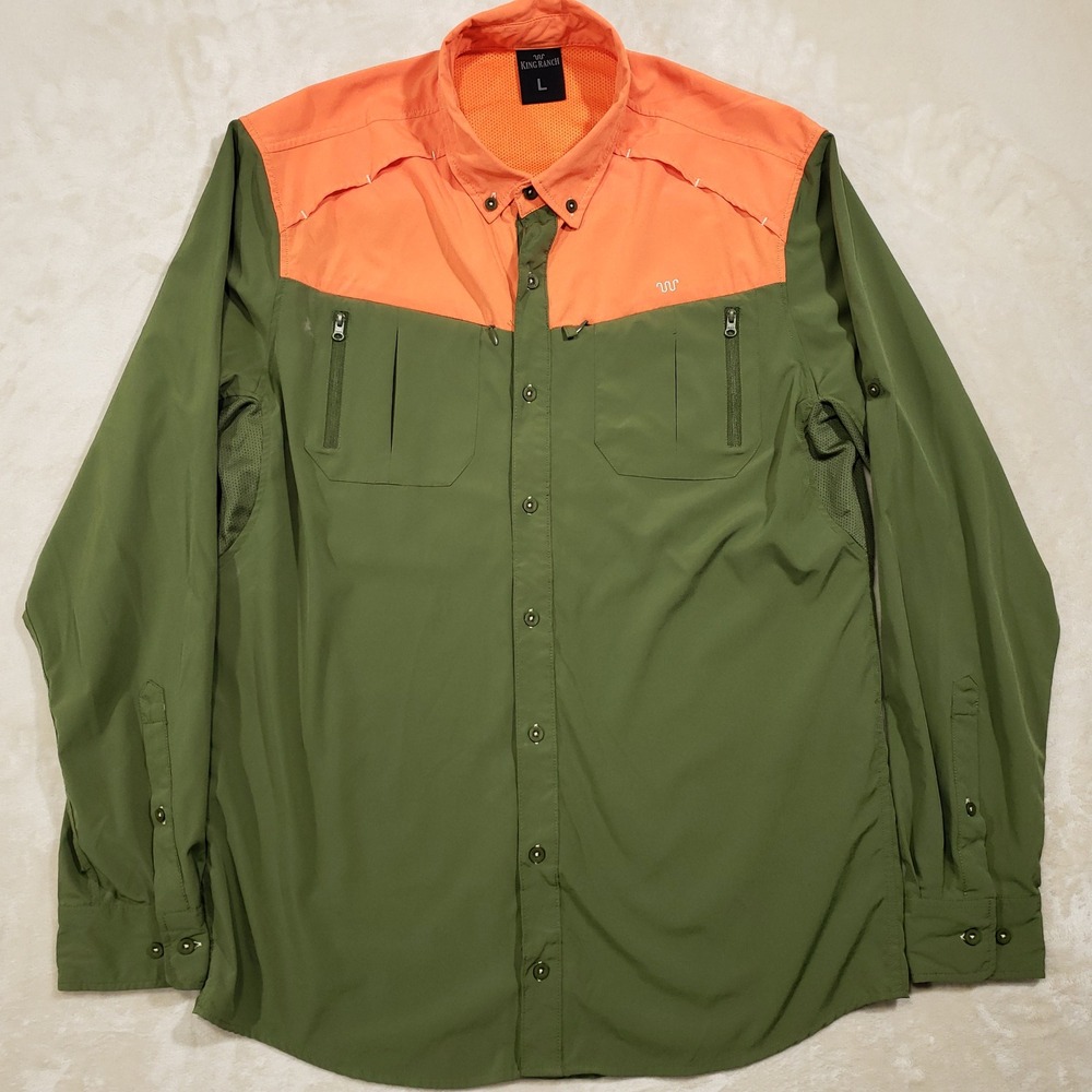 King Ranch Fishing Shirt Mens Large Green Orange Vented Long Sleeve Performance